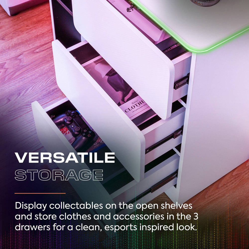 X Rocker Carbon-Tek 3 Drawer 2 Shelf White Chest of Drawers with Neo Fibre LED Light Image 2