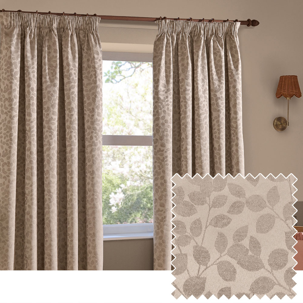 Wylder Grace Leaf Taupe Jacquard Fully Lined Pencil Pleat Curtains 168 x 229cm Image 2