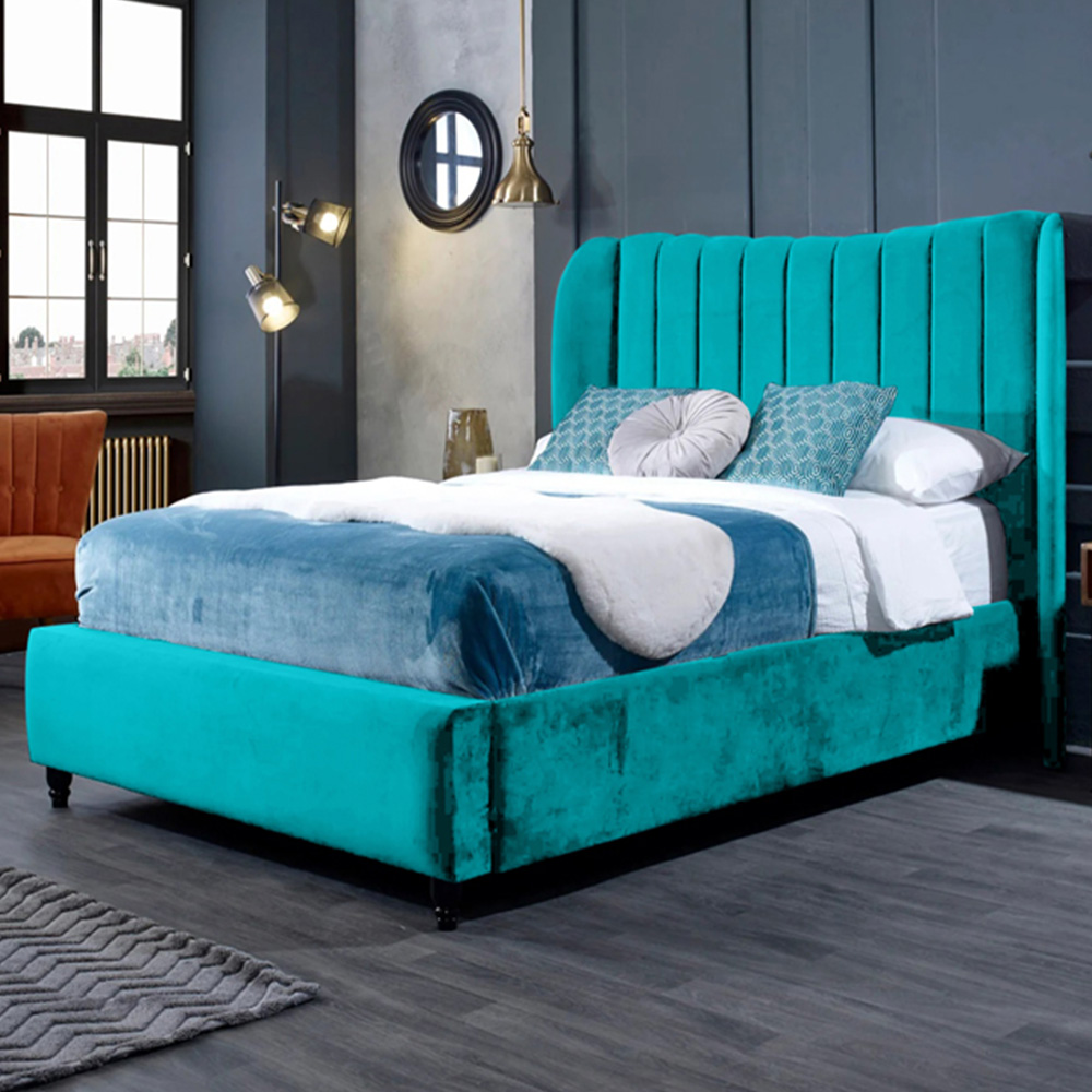 Eleganza Home Carli Double Teal Plush Velvet Bed Frame with Lined Headboard Image 1