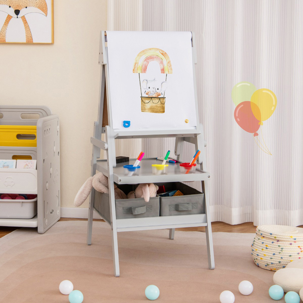 Costway Kids Grey Double Sided Easel with Magnetic Whiteboard and Chalkboard Image 6
