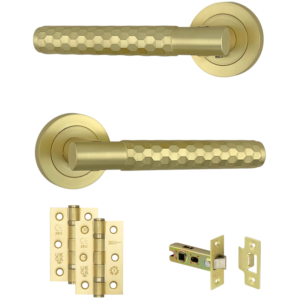 AXS Hardware Montana Satin Brass Knurled Latch Door Handles on Rose 2 Pack Image 1