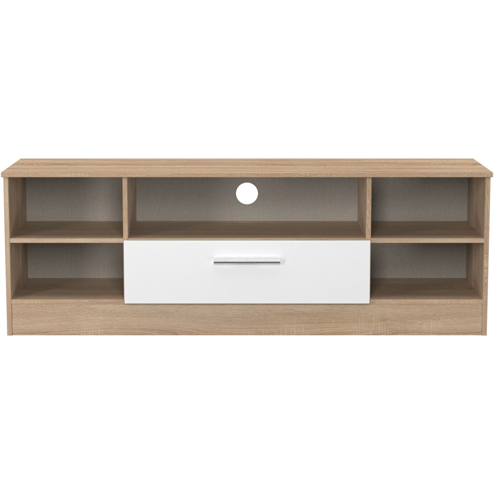 Crowndale Contrast Single Drawer 5 Shelf White Matt and Bardolino Oak TV Unit Ready Assembled Image 2