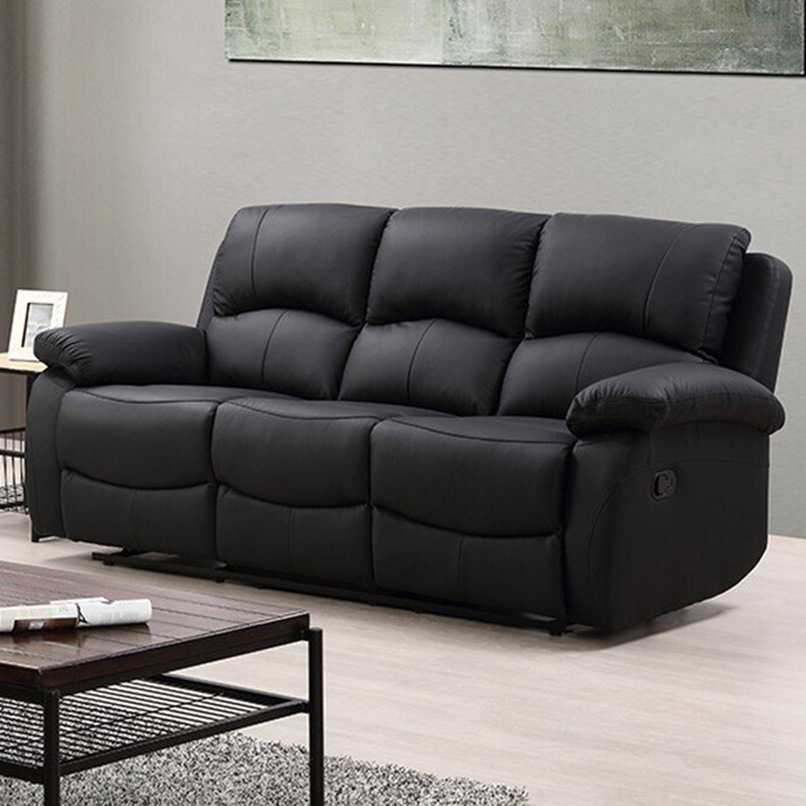 Milano 3 Seater Black Leather Manual Recliner Sofa Image 1