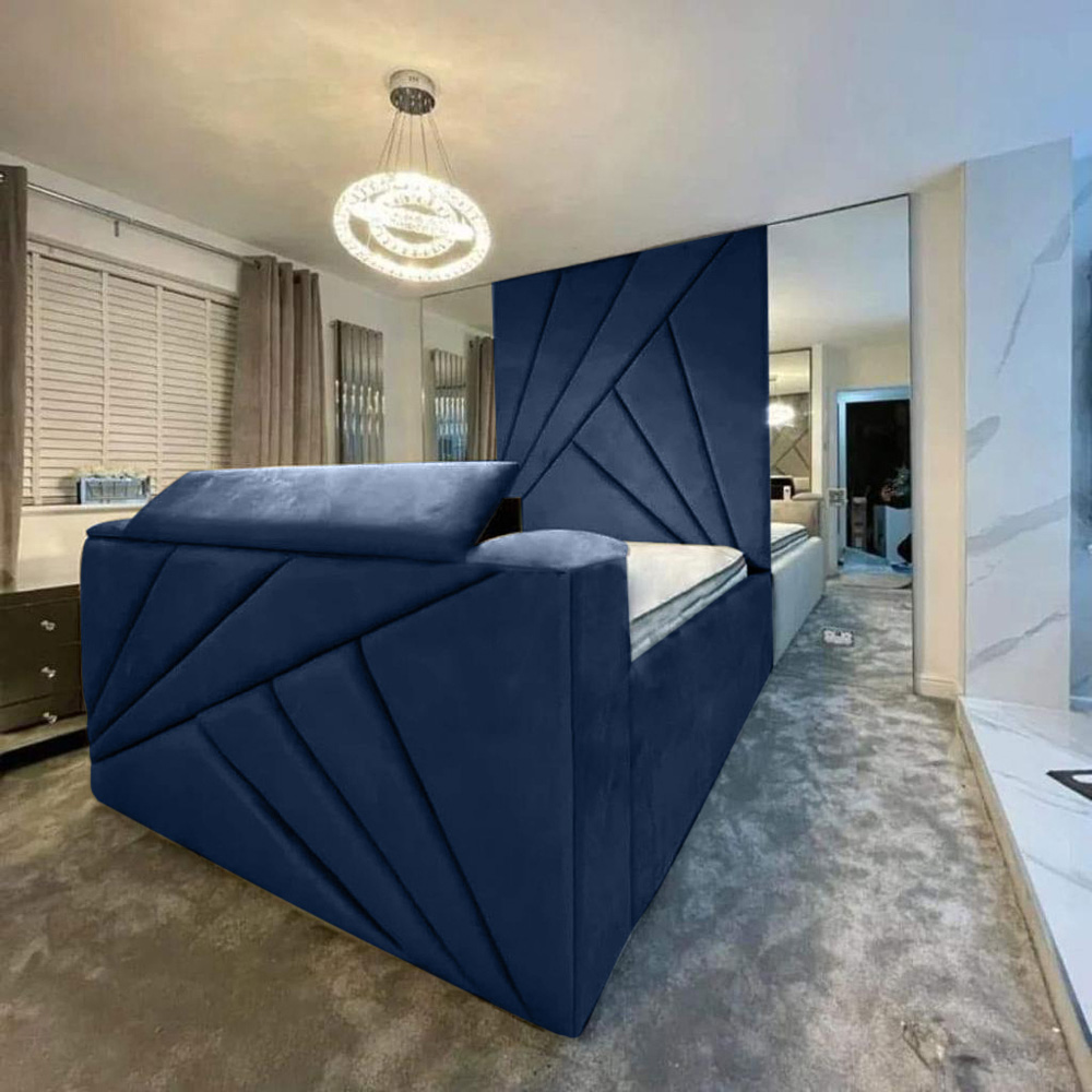 Eleganza Home Tina Double Blue Plush Velvet Bed Frame with Headboard and Remote Image 2