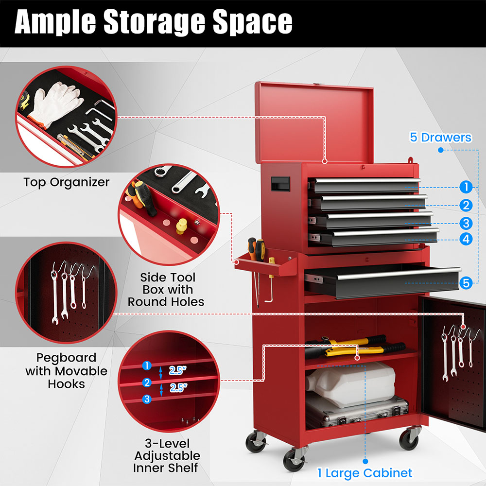 Costway 5 Drawer Black and Red High Capacity Tool Storage Cabinet Image 6