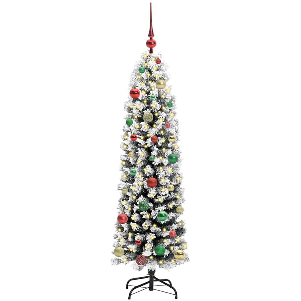 vidaXL Green Snow Flocked Artificial Christmas Tree with LEDs Multicolour Decoration Ornaments 5ft Image 1