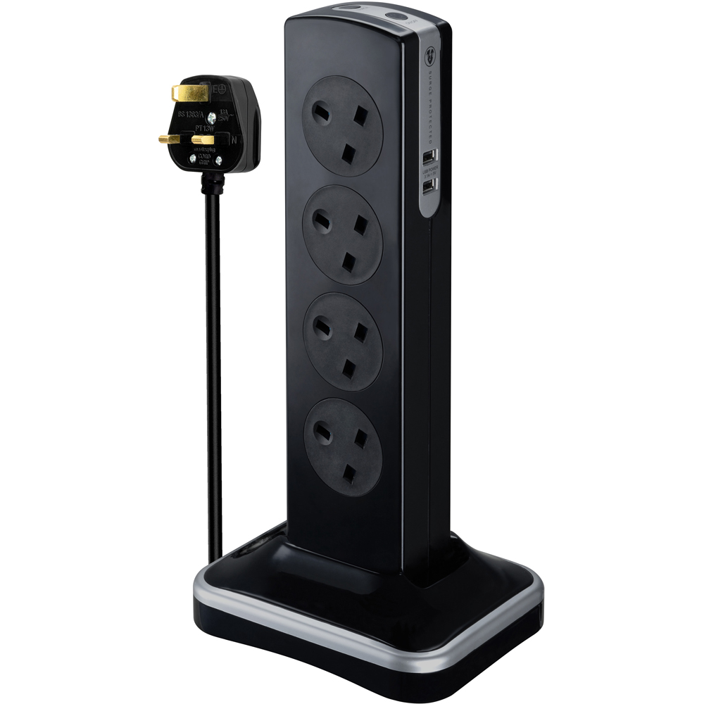 Masterplug Gloss Black 8 Socket Switched Tower Surge Extension Lead with USB 2m Image 1
