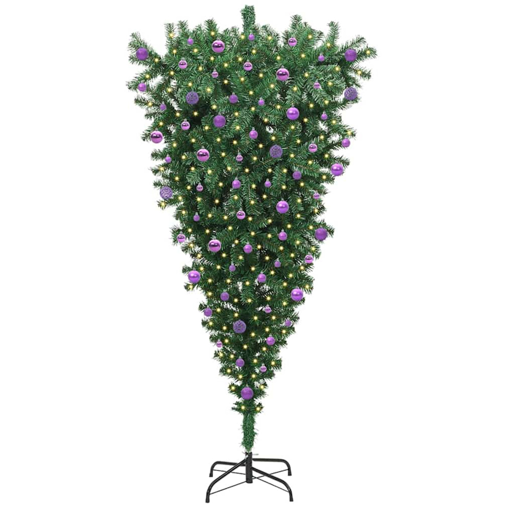 vidaXL Pre-Lit Lilac Bauble Green Artificial Upside-Down Christmas Tree 7ft Image 1