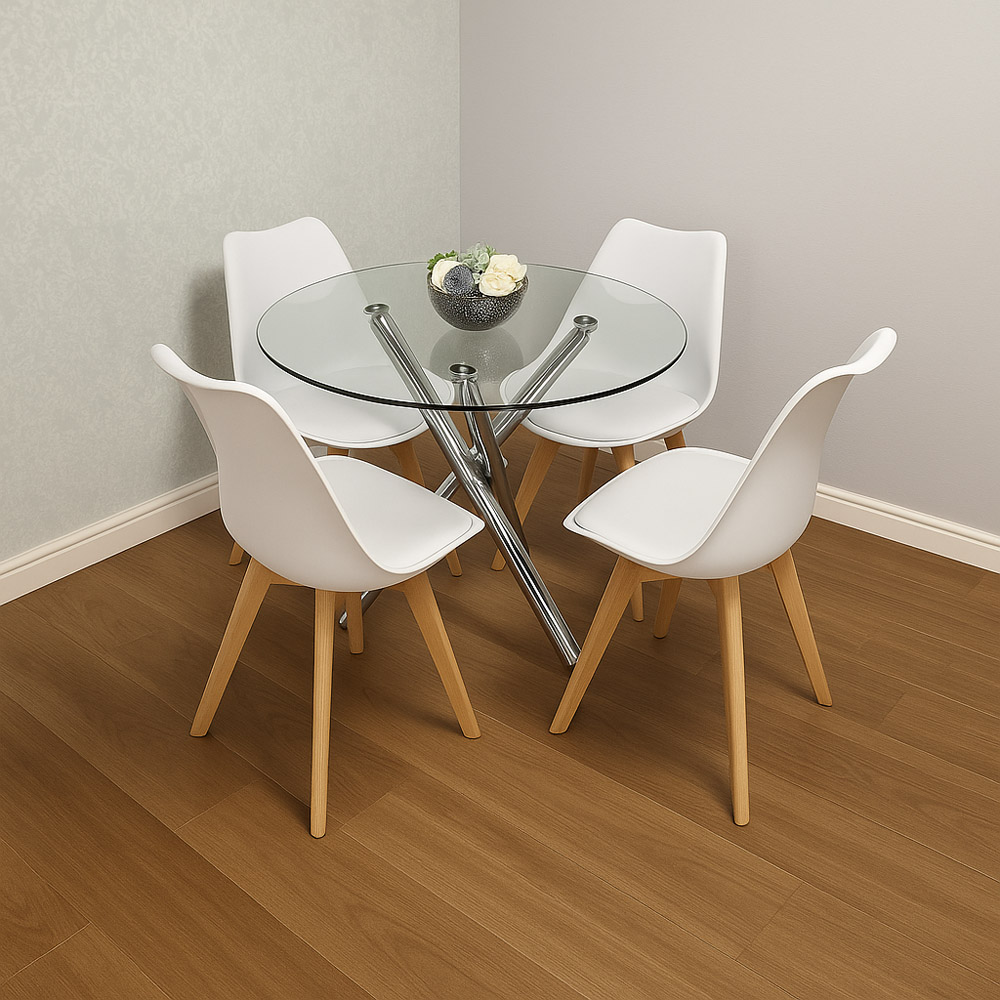 Kosy Koala 4 Seater Clear Glass Faux Leather Round Dining Set White Image 5