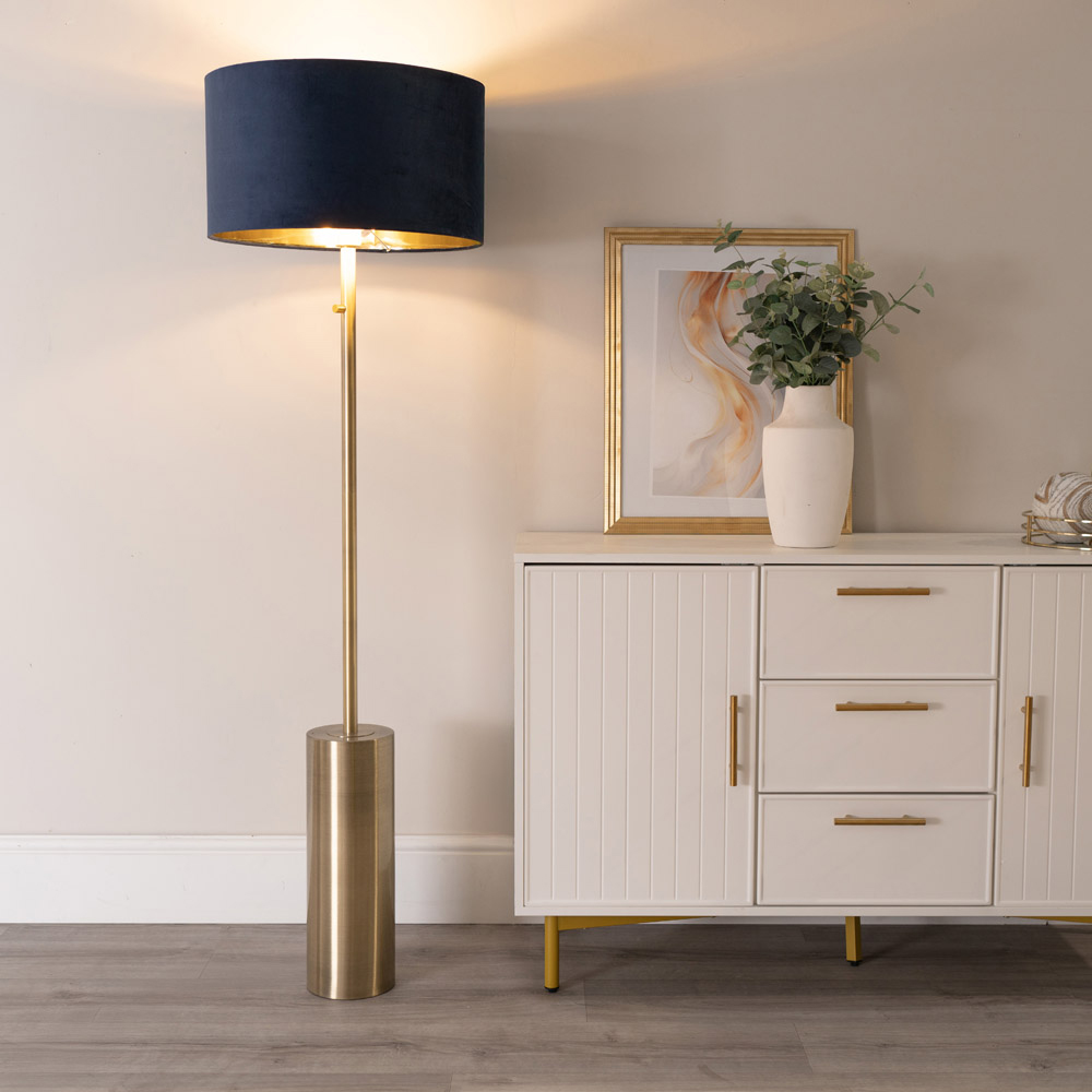 ValueLight Lexy Navy Blue Velvet Gold Inner Shade Gold Dimmable LED Floor Lamp Image 3