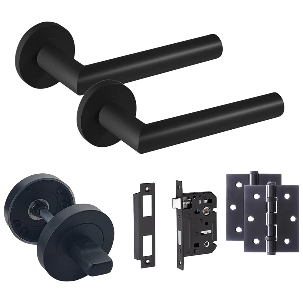 Golden Grace Mitred Matt Black Bathroom Door Handle Pair with Hinges and Thumbturn Image 1