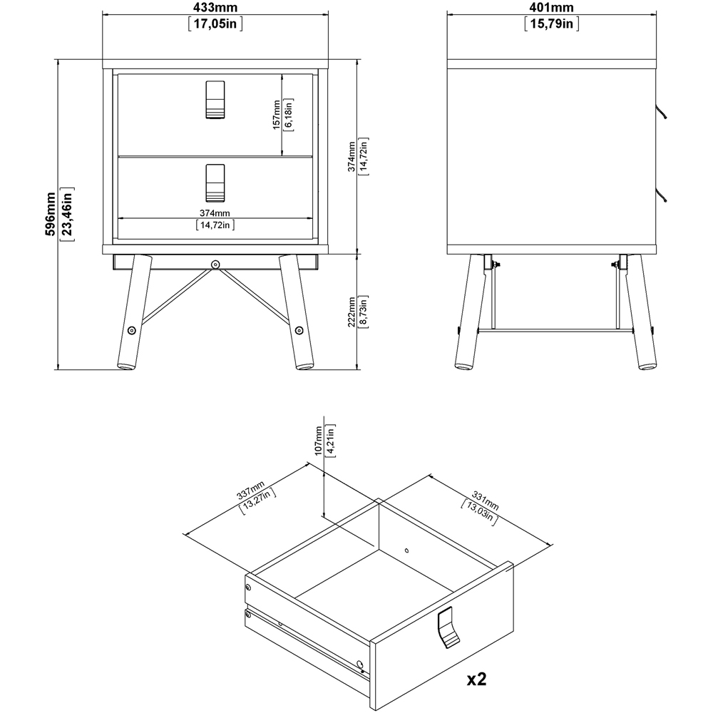 Florence Ry 2 Drawer Matt Black and Walnut Bedside Table Image 7