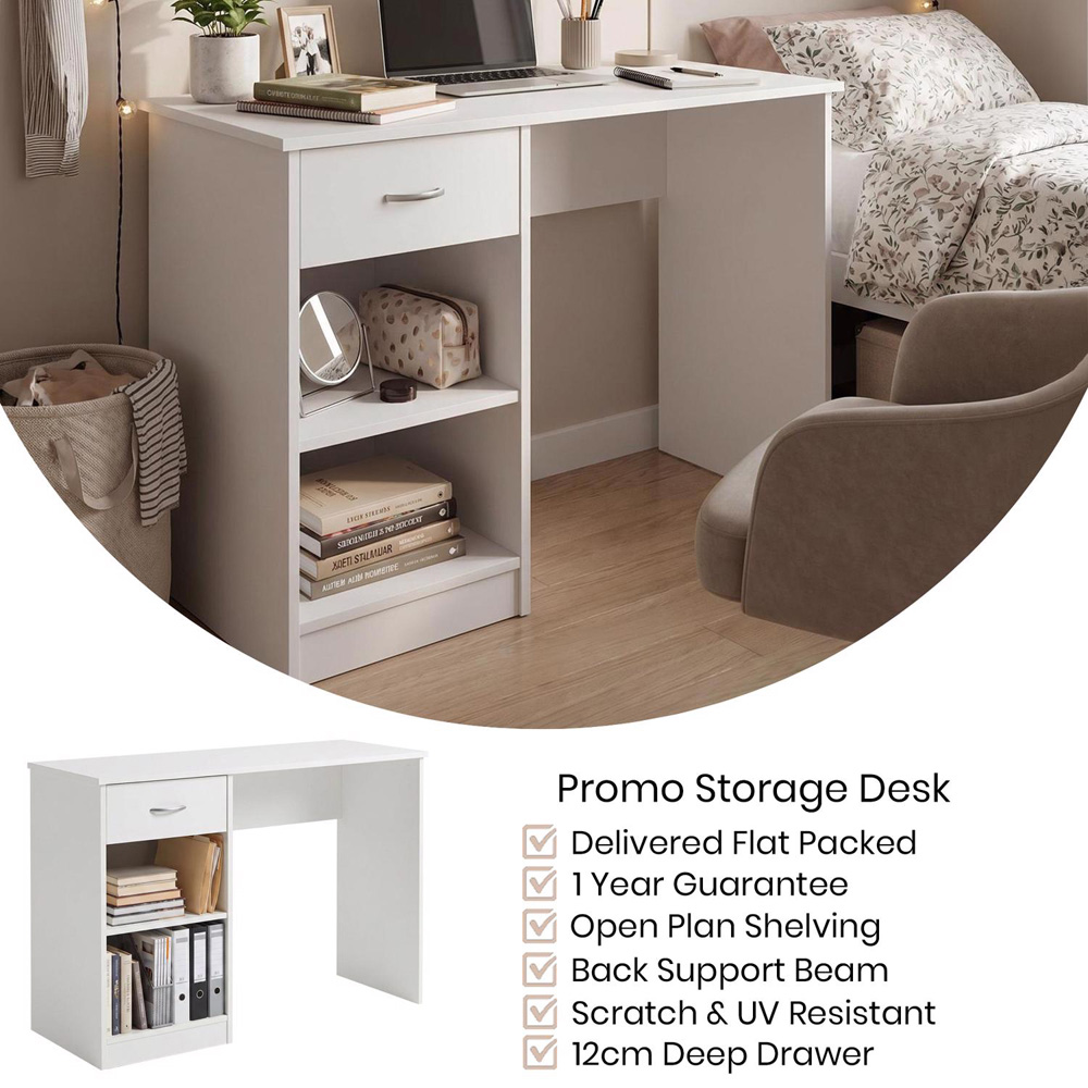 FWStyle Promo Single Drawer 2 Shelf White Computer Desk Image 3
