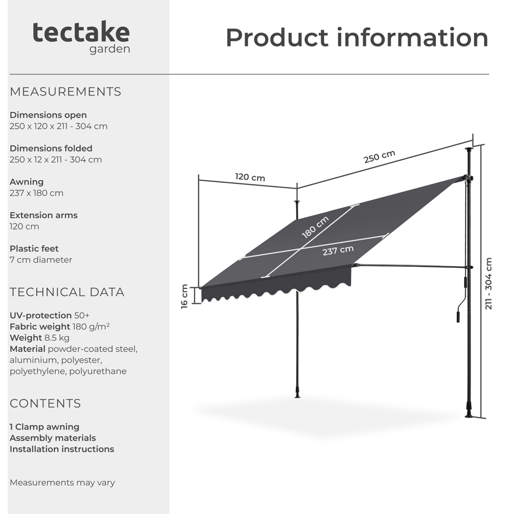 tectake Black and Grey Retractable Awning 2.5 x 1.8m Image 8
