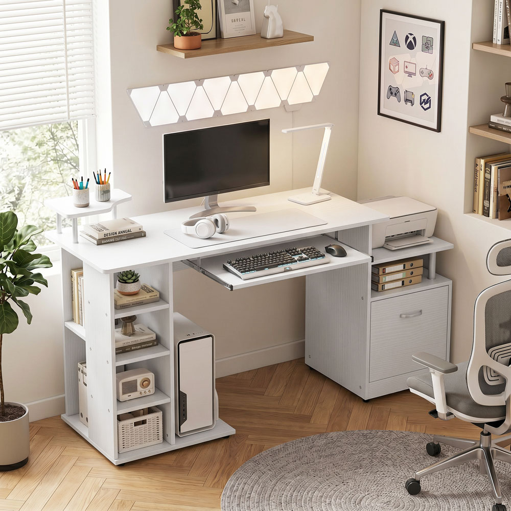 HOMCOM Single Drawer 8 Shelf Wooden Computer Desk with Keyboard Tray CPU Storage Rack White Image 2