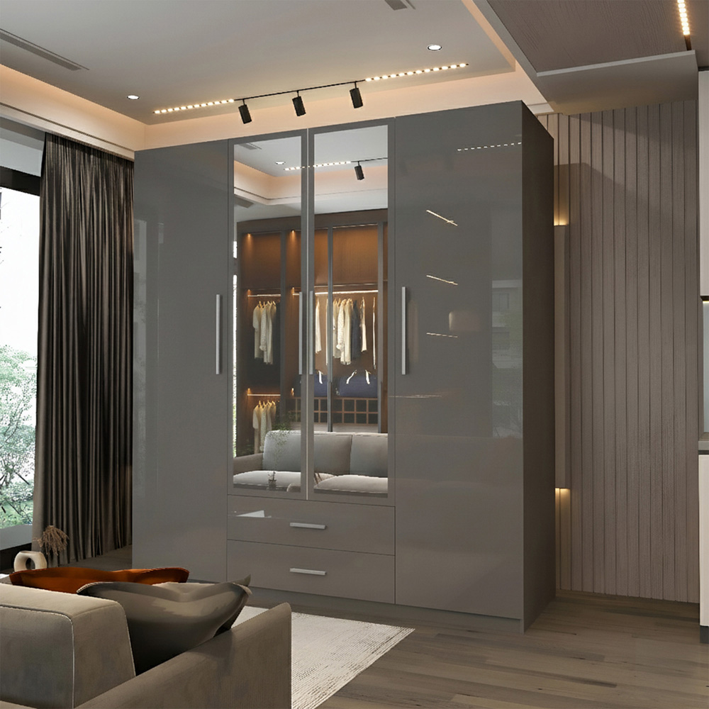 Sliding Wardrobes 4U 4 Door 2 Drawer Grey High Gloss Hinge Door Wardrobe 160cm Image 5