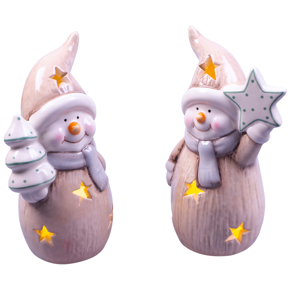 St Helens Cream Ceramic Light Up Snowmen Decoration 2 Pieces Image 1
