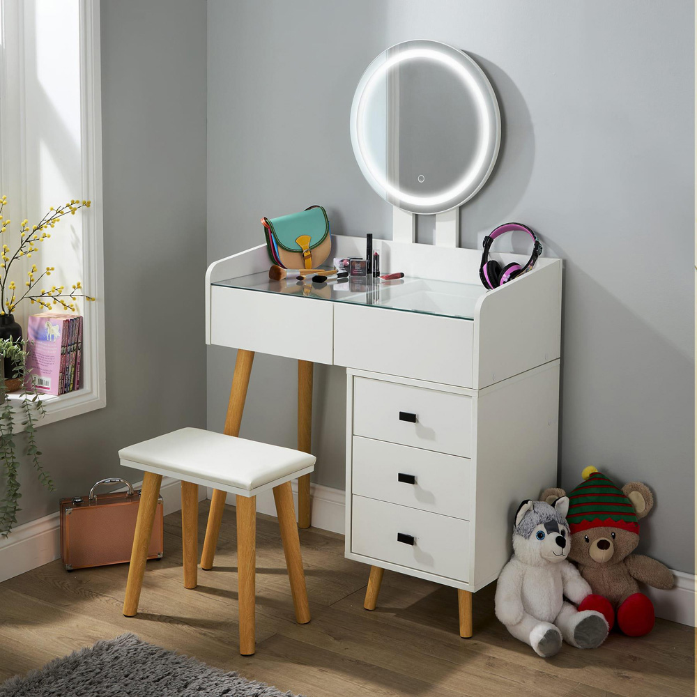 Home Source Nova 5 Drawer White Vanity Table and Cushioned Stool Set with LED Mirror Image 5