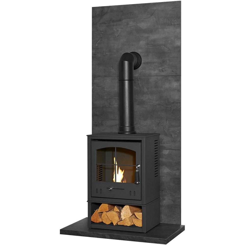Acantha Slate Venetian Plaster Effect Tile and Hearth with OKO S2 Stove Log Store and Angled Pipe Image 1