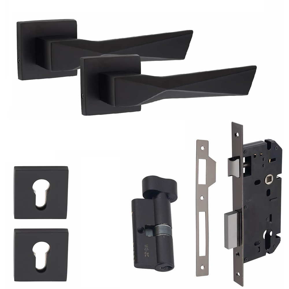 Golden Grace Matt Black Aura Euro Lock Door Handle Set Image 1