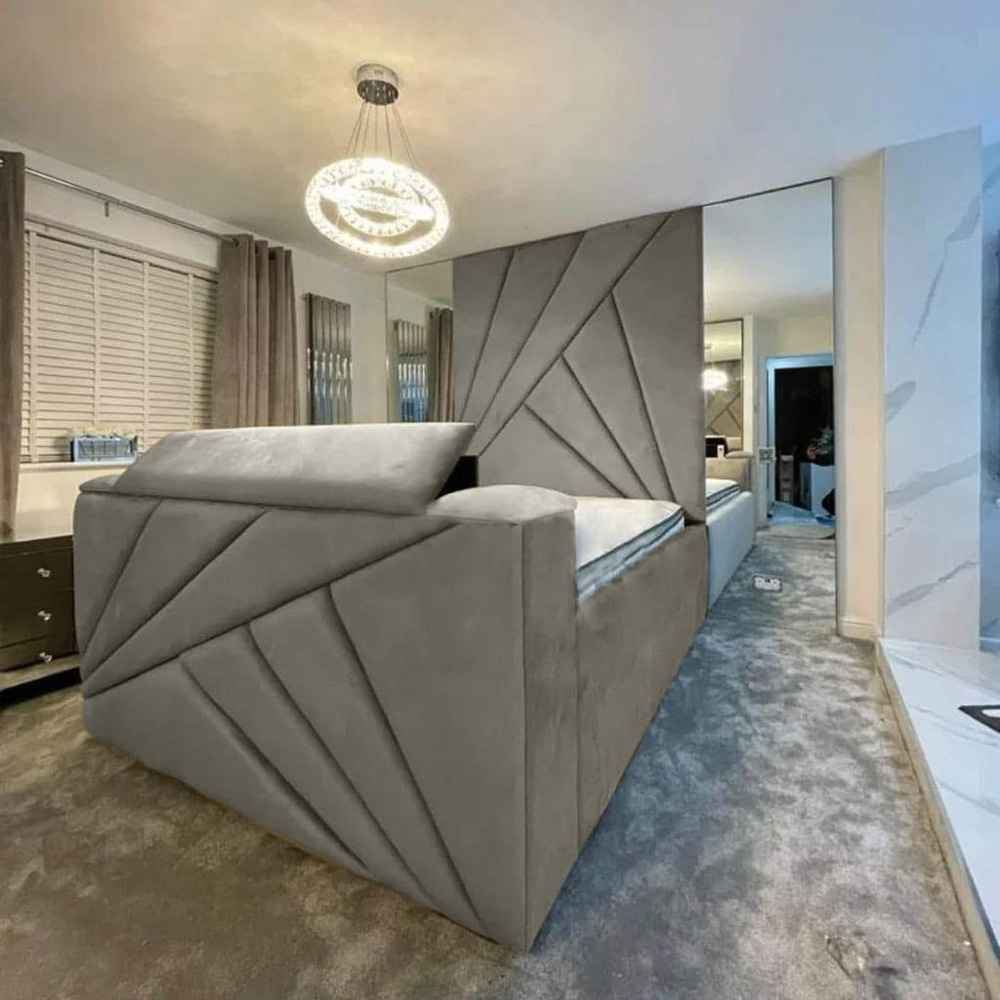 Eleganza Home Tina Double Grey Plush Velvet Bed Frame with Headboard and Remote Image 2