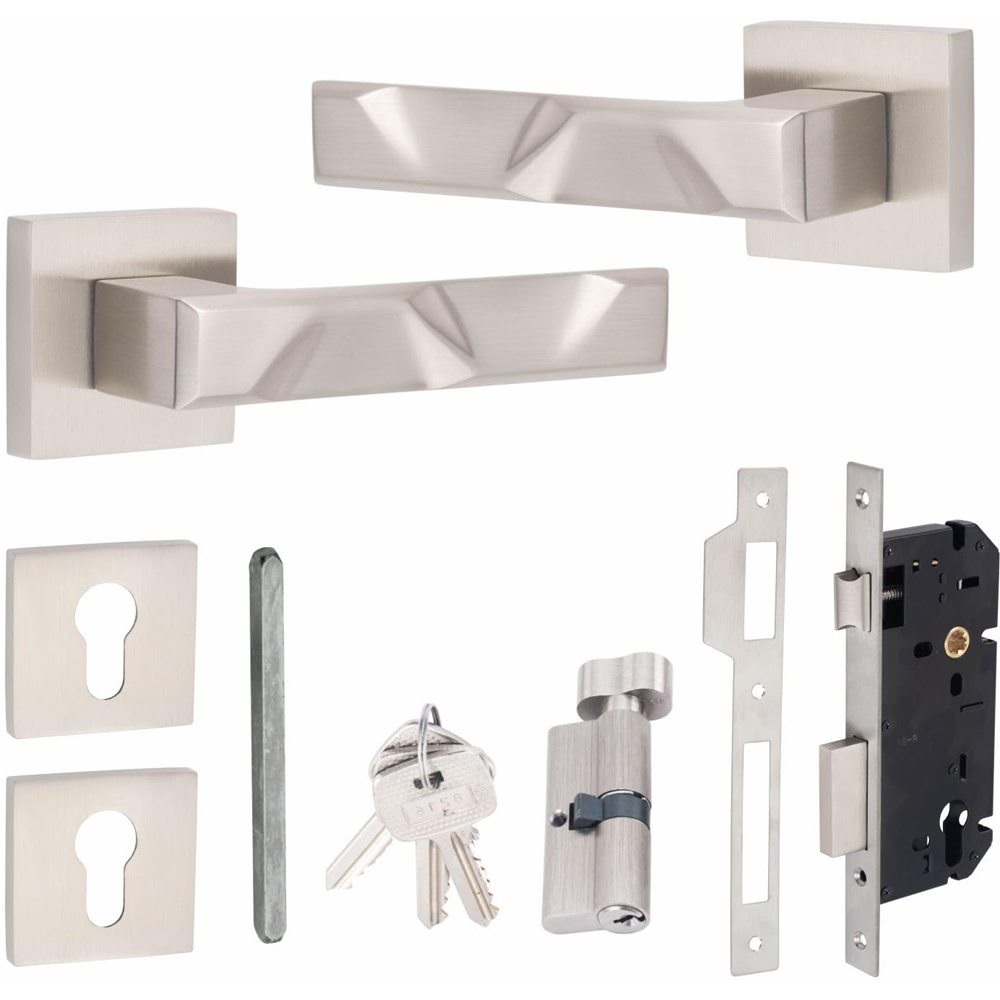 Golden Grace Satin Nickel Modern Nova Euro Lock Door Handle Set Image 1