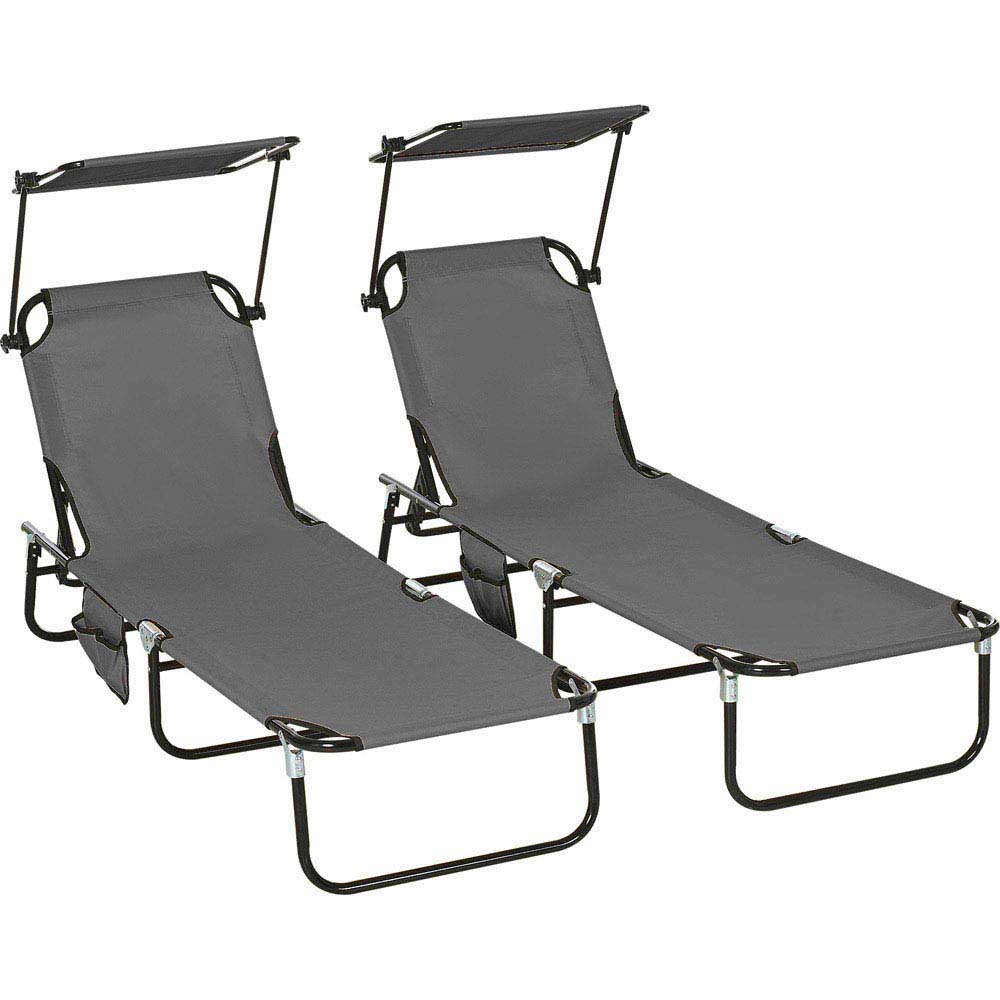 Outsunny Set of 2 Dark Grey Adjustable Folding Sun Lounger with Sunshade Roof Image 2