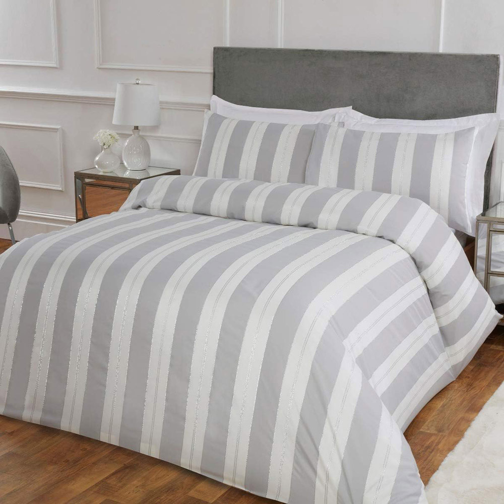 Smart Living King Size White and Silver Lurex Stripe Jacquard Duvet Cover Set Image 1