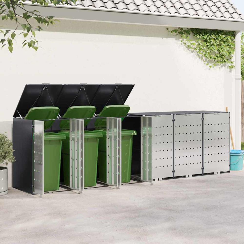 vidaXL Anthracite 6 Wheelie Bin Storage Shed with Stainless Steel Door Image 2