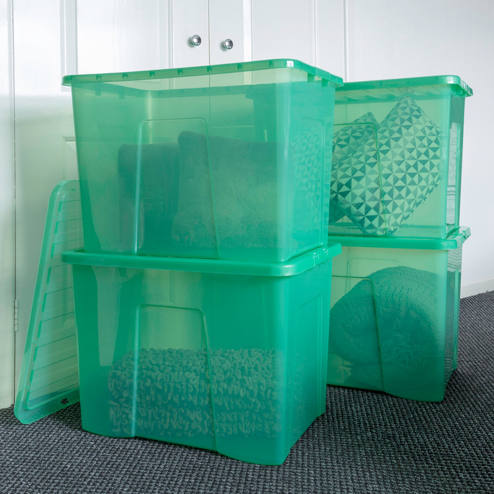 Wham Crystal 80L Clear Green Stackable Plastic Storage Box and Lid Pack 4 Image 2