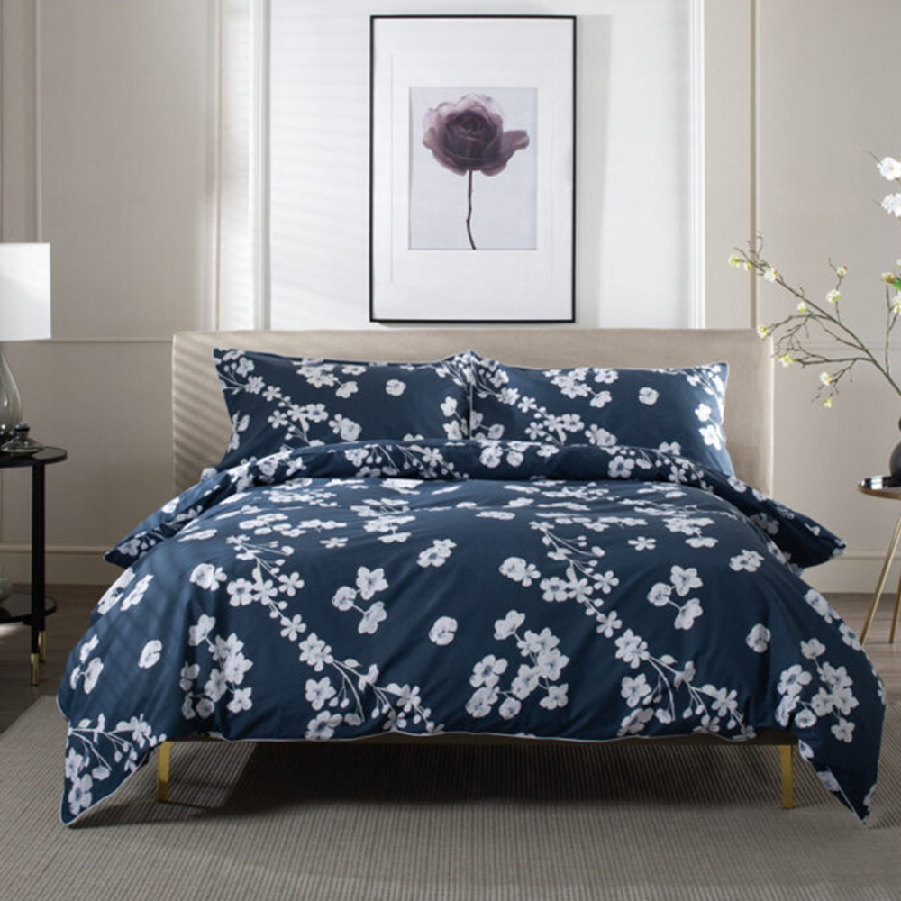 The Lyndon Company Petite Fleure Super King Size White and Navy Duvet Set Image 3