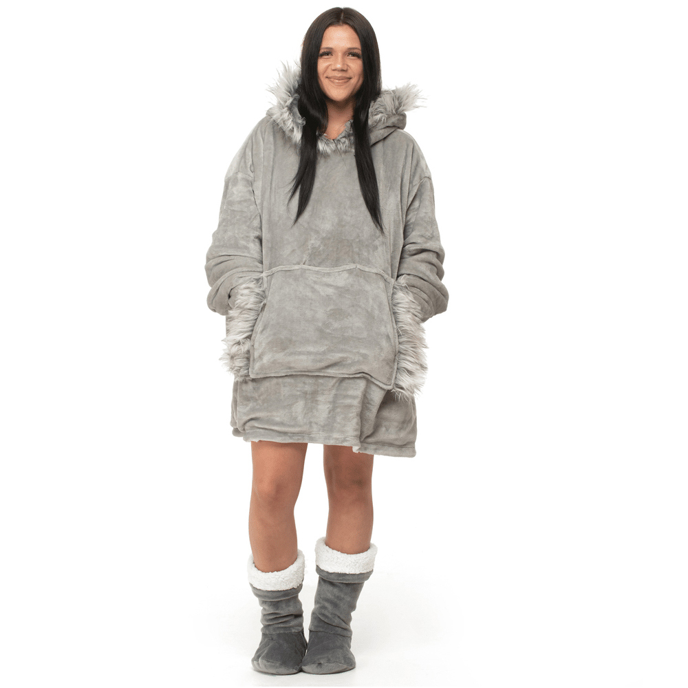 Velosso Fur Trim Hoodie Oversize Grey Image 2