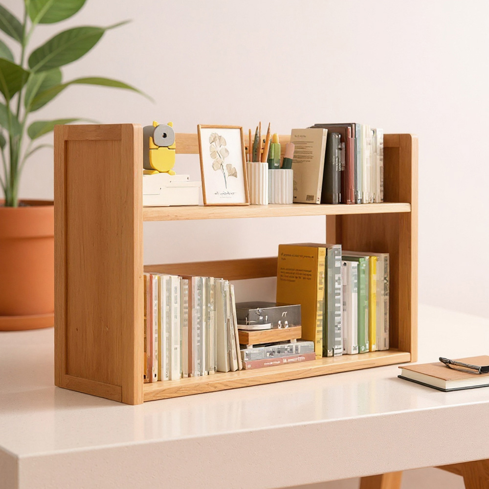 Living and Home 2 Shelf Natural Bamboo Desktop Bookshelf with Guardrail ...