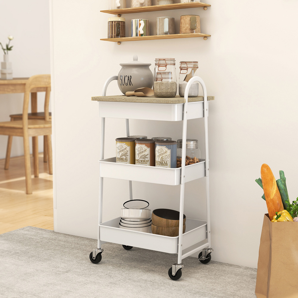 Oak Rigger Cart Portland 3 Tier White and Oak Rolling Utility Cart with Mesh Baskets ...