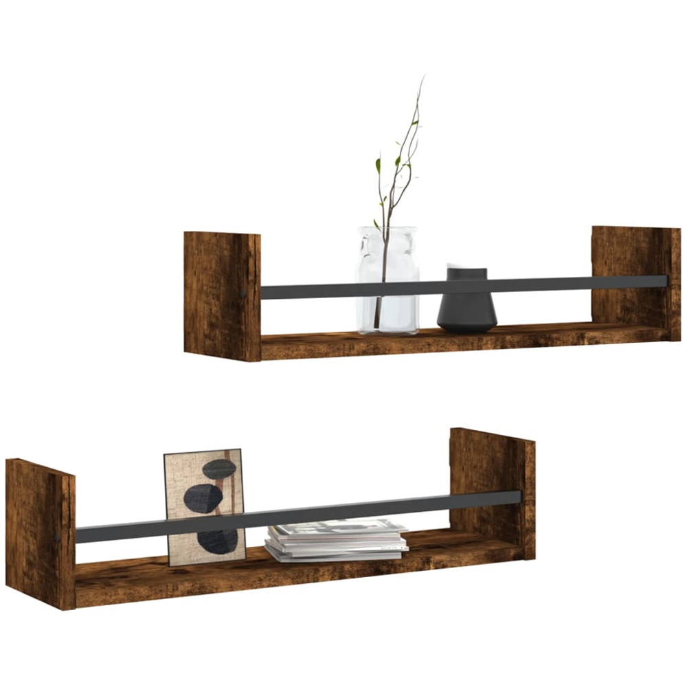 vidaXL 60cm Smoked Oak Floating Wall Shelf with Bar Set of 2 Image 2
