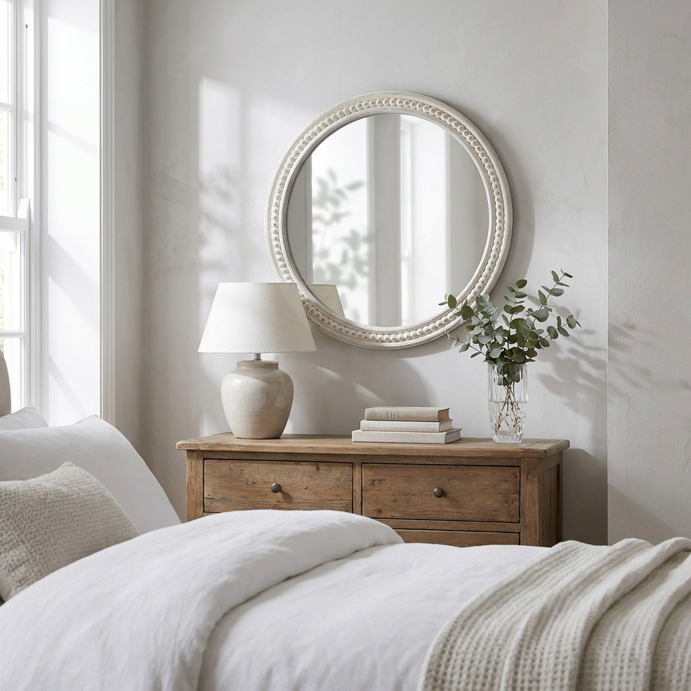 Light Washed Wood Round Beaded Mirror White Image 6