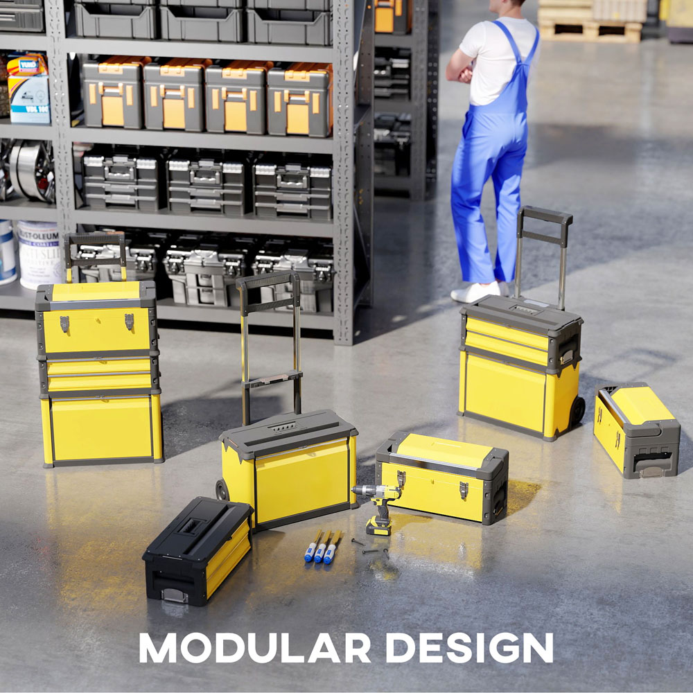 HOMCOM 3 Tier Yellow Stackable Steel Tool Box with Wheels Image 5
