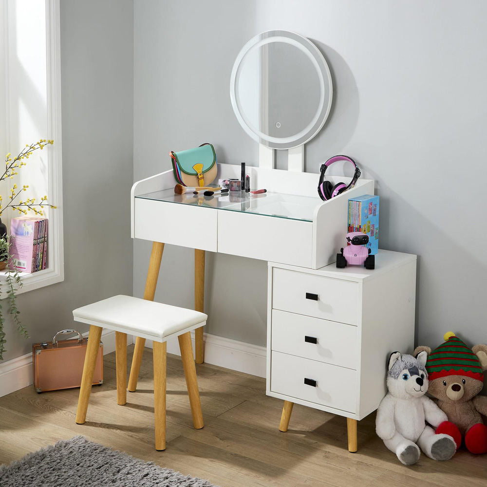 Home Source Nova 5 Drawer White Vanity Table and Cushioned Stool Set with LED Mirror Image 7
