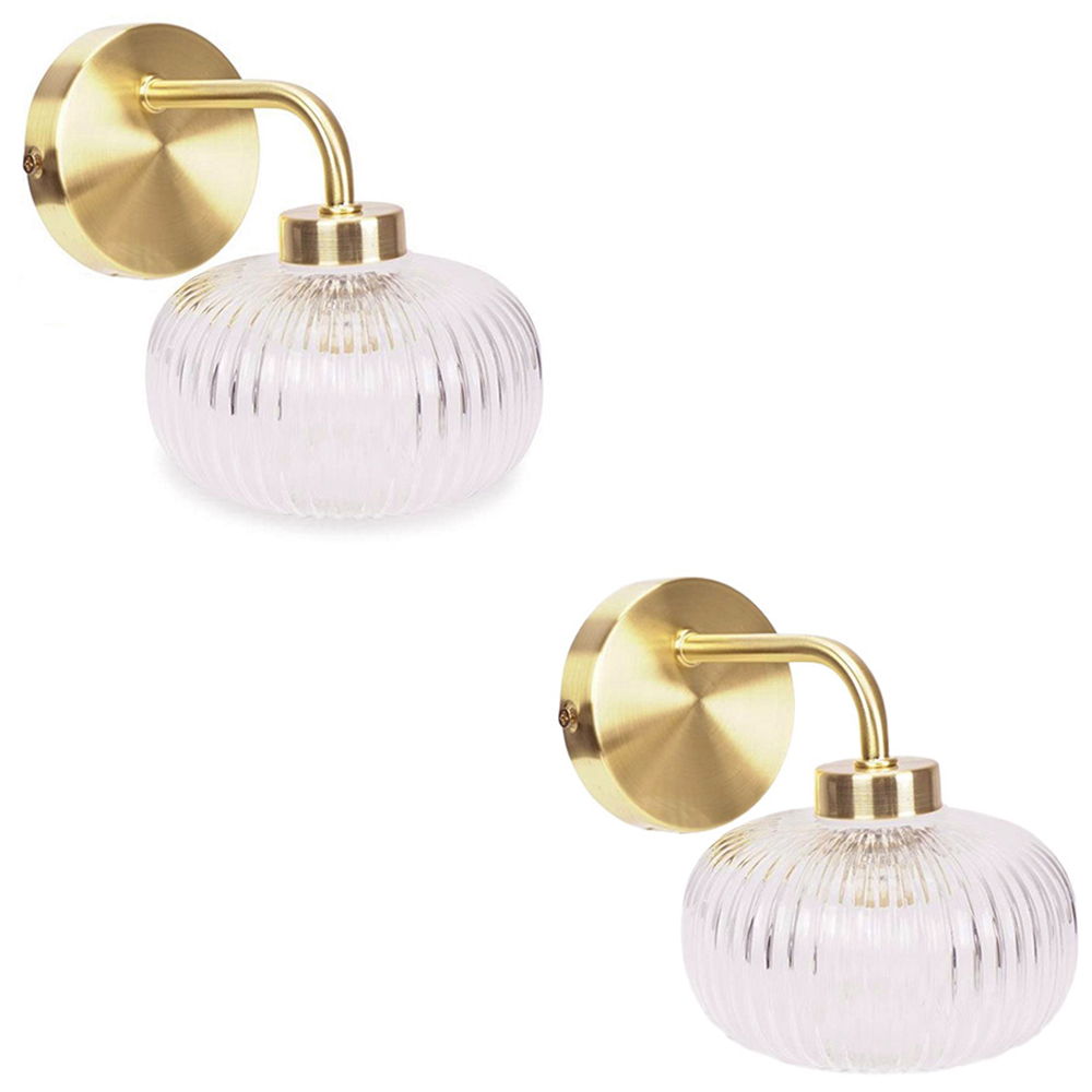 ValueLights Amaia Gold Clear Ribbed Glass LED Wall Light 2 Pack Image 1