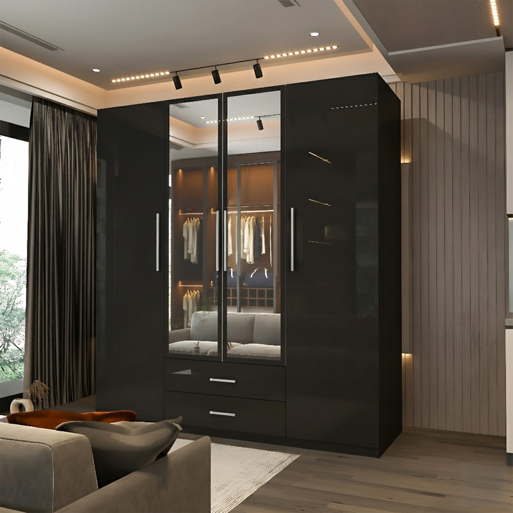 Sliding Wardrobes 4U 4 Door 2 Drawer Black High Gloss Hinge Door Wardrobe 160cm Image 5