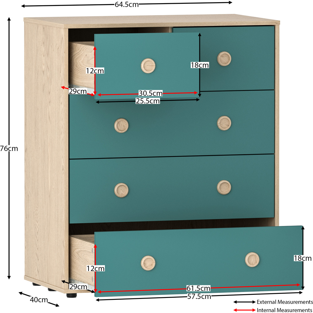 Junior Vida Neptune 5 Drawer Blue and Oak Storage Chest Image 8