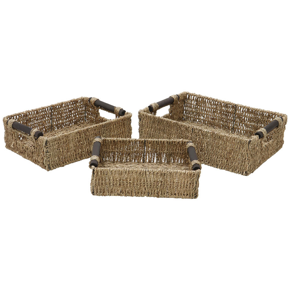 JVL Seagrass Rectangular Storage Baskets with Wooden Handles Set of 3 Image 1