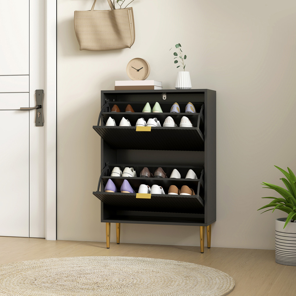Portland 2 Flip Drawer Black Slim Shoe Storage Cabinet Image 4