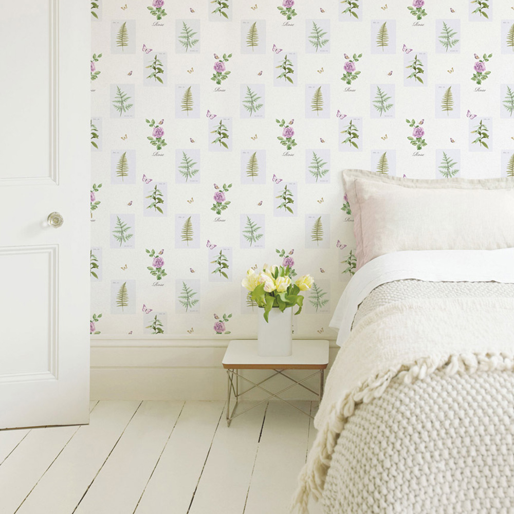 Galerie Country Cottage Roses and Leaves Green and Purple Wallpaper Image 2