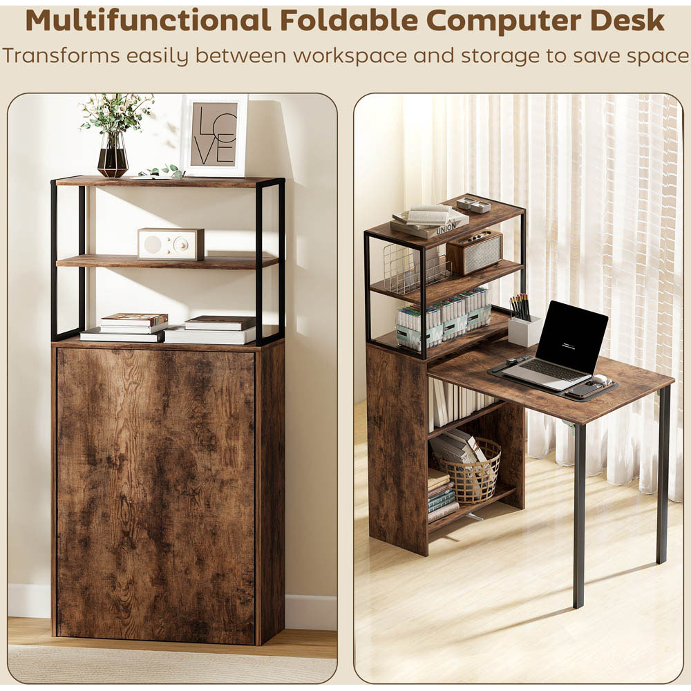 Portland 5 Shelf Foldable Multifunctional Computer Desk Rustic Brown Image 7
