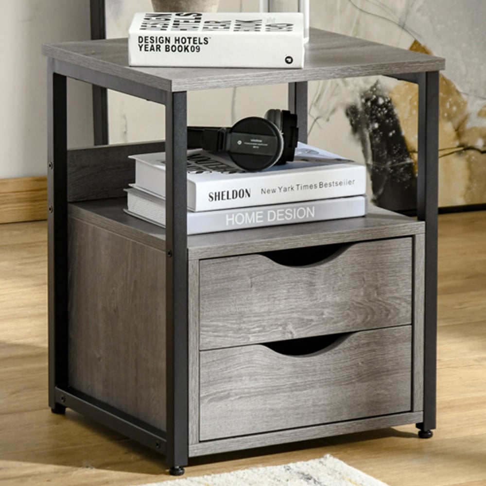 HOMCOM 2 Drawer Single Shelf Grey Bedside Table Image 1