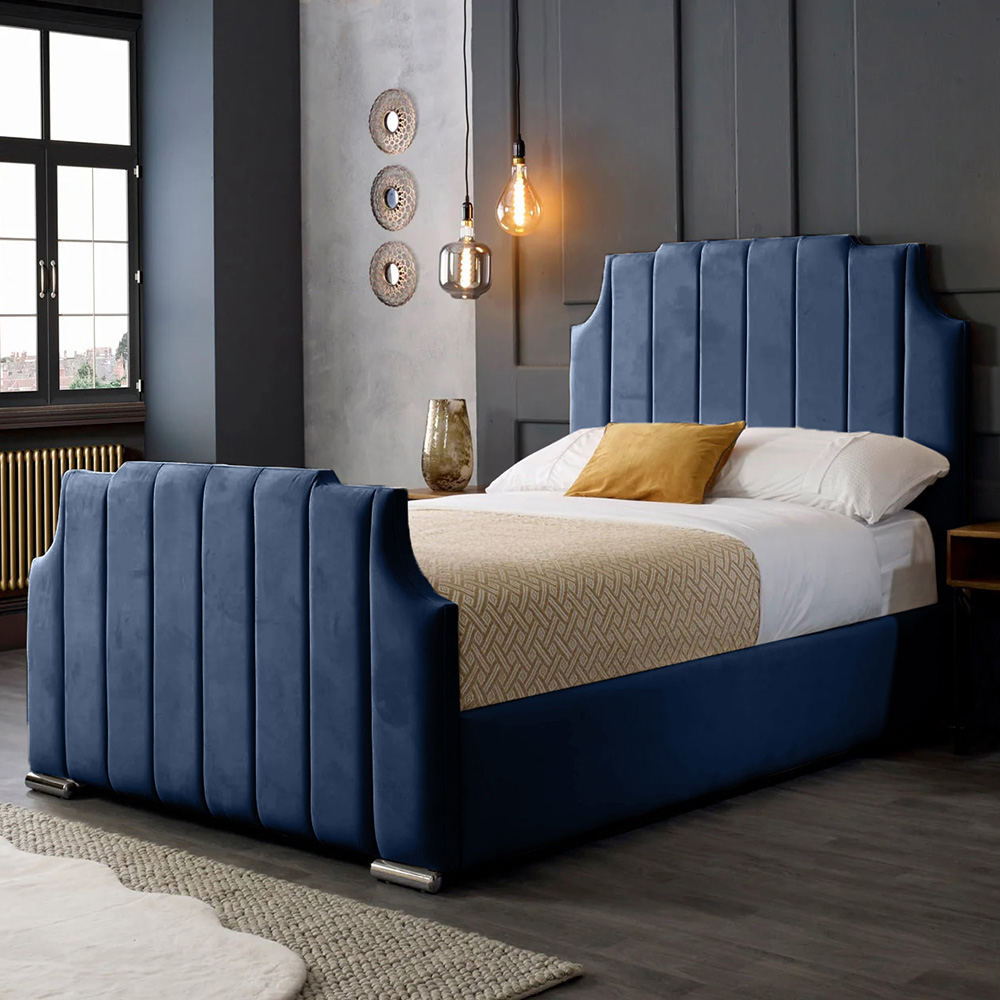 Eleganza Home Nelson Double Blue Plush Velvet Bed Frame with Headboard Image 1