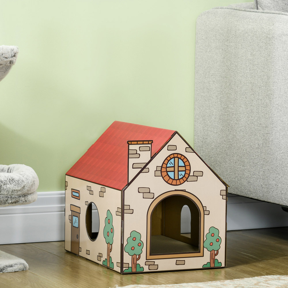 PawHut House Shaped Scratching Board and Cat Bed Image 2