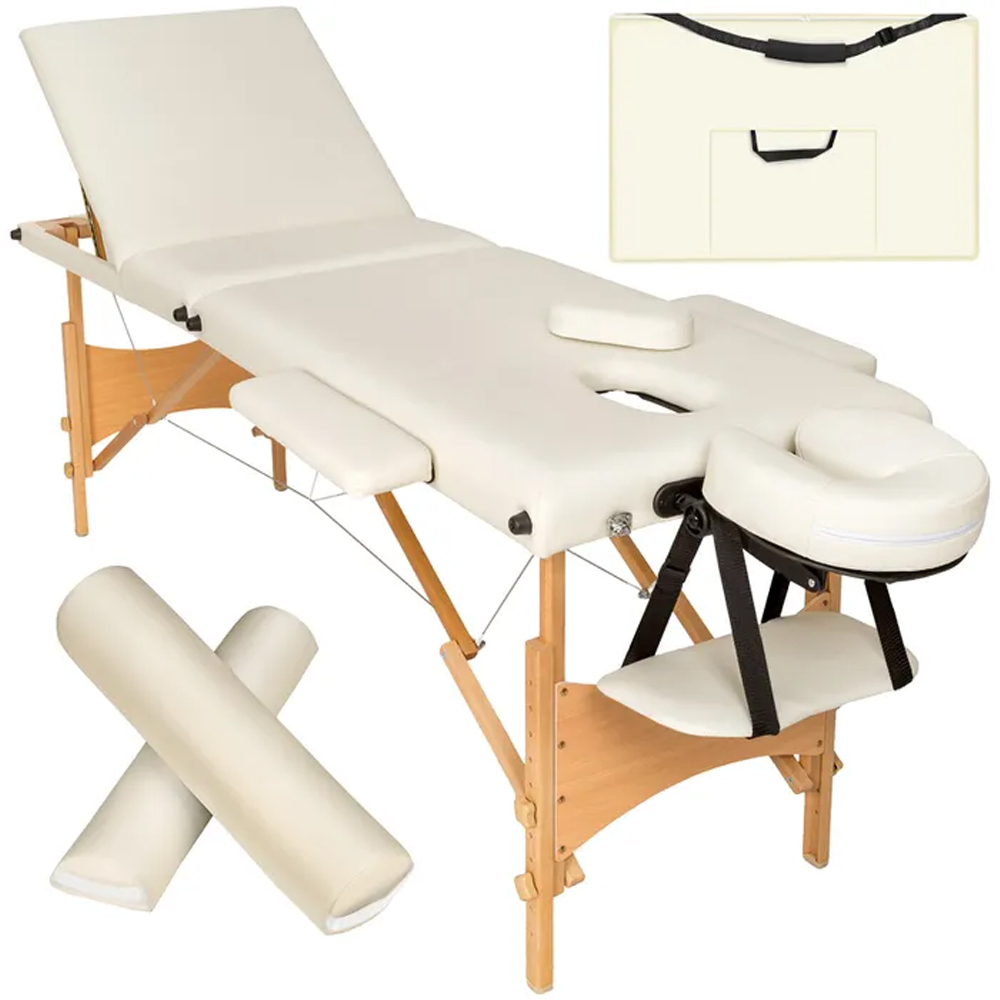 Massage Table - 3-zone bed, wooden frame, bolsters, carry bag, head & armrests - Beige Image 1