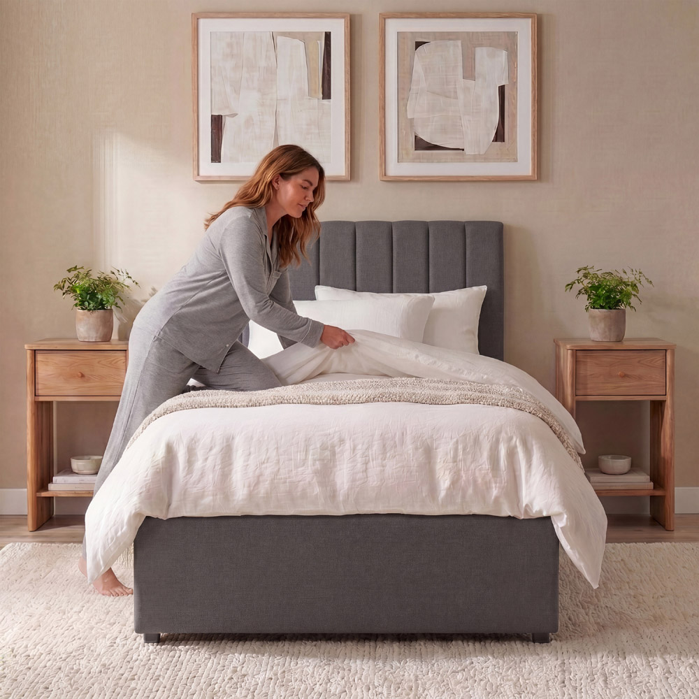 VIDA DESIGNS Vellaro Single Dark Grey Linen Fabric Ottoman Bed with Headboard and Mattress Image 4